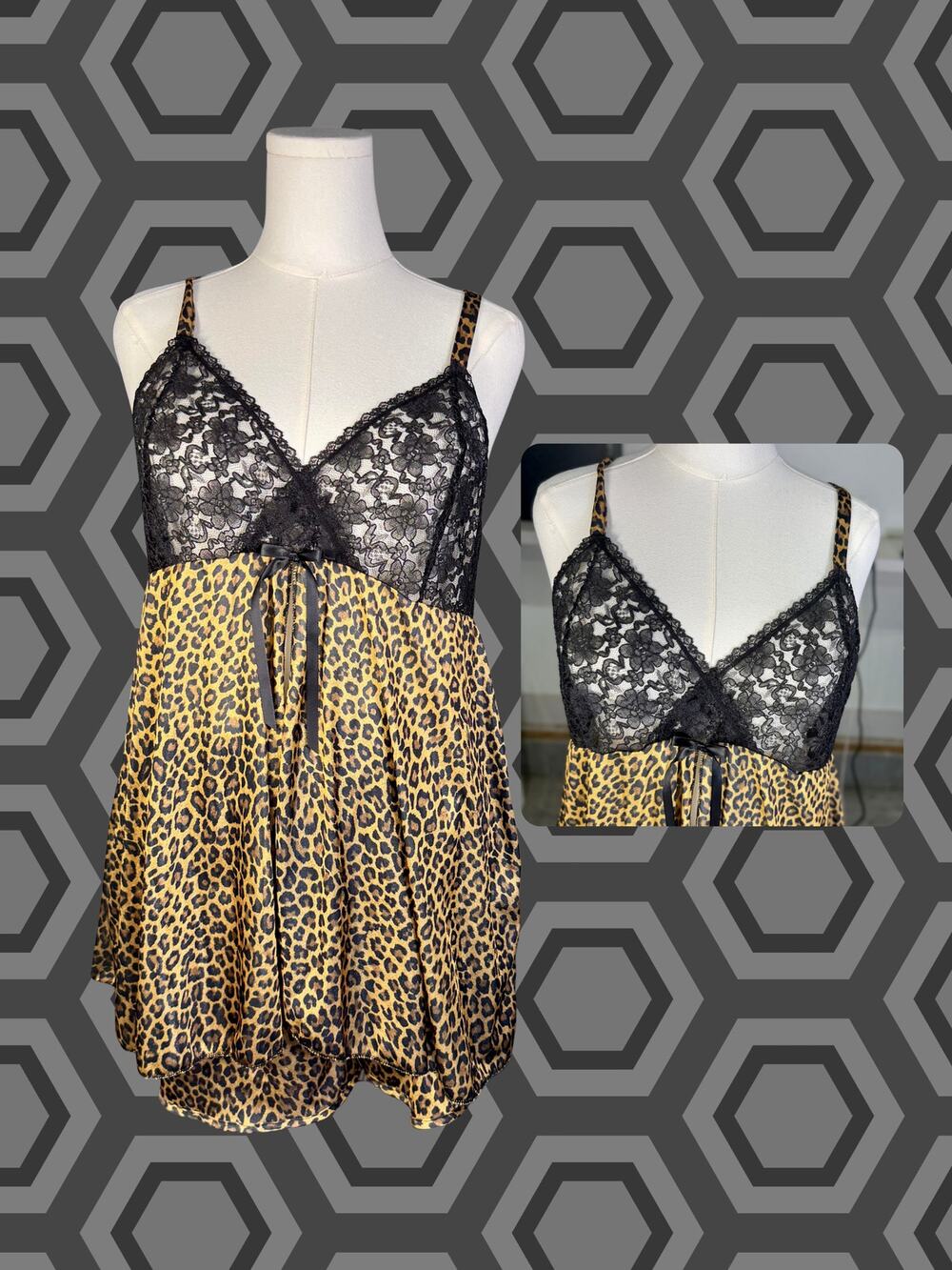 Volup Vintage 80s Petra Fashions Leopard Black Lace Camisole Panty Set XL/2X